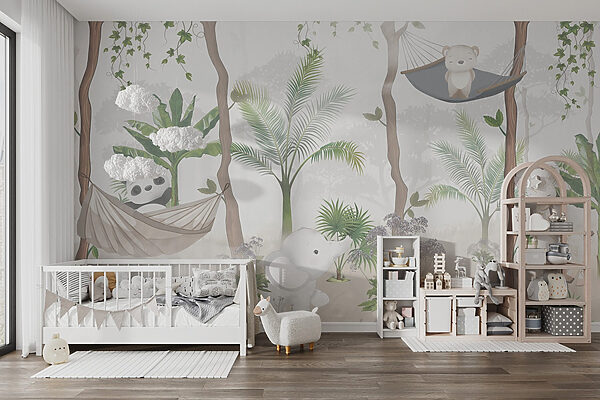 A wallpaper with animals in hammocks in the forest