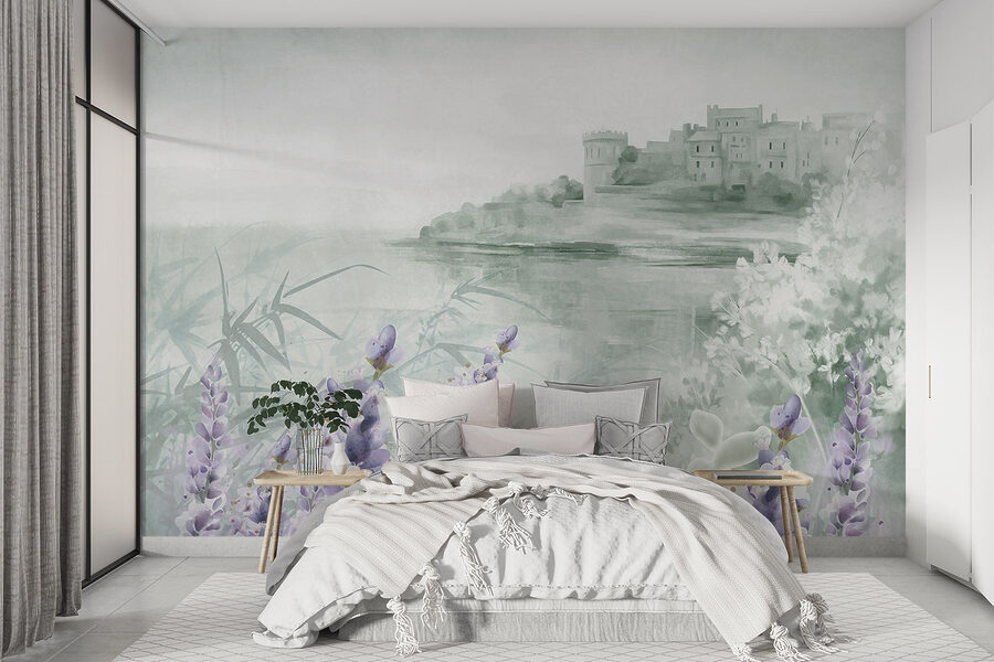 Watercolor painting of a castle and flowers Watercolor painting of a castle and flowers