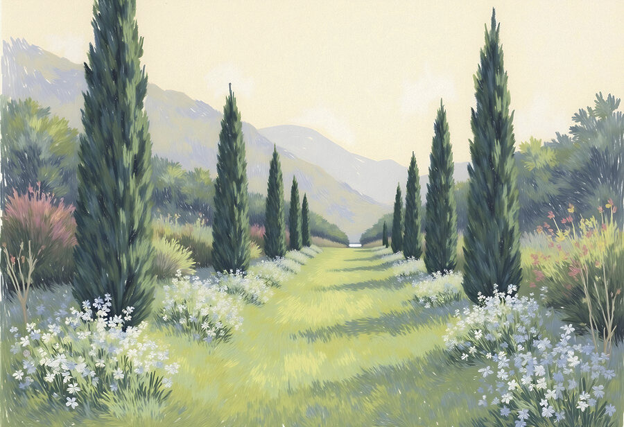 Wall murals Painting of a landscape with trees and flowers - Image 4