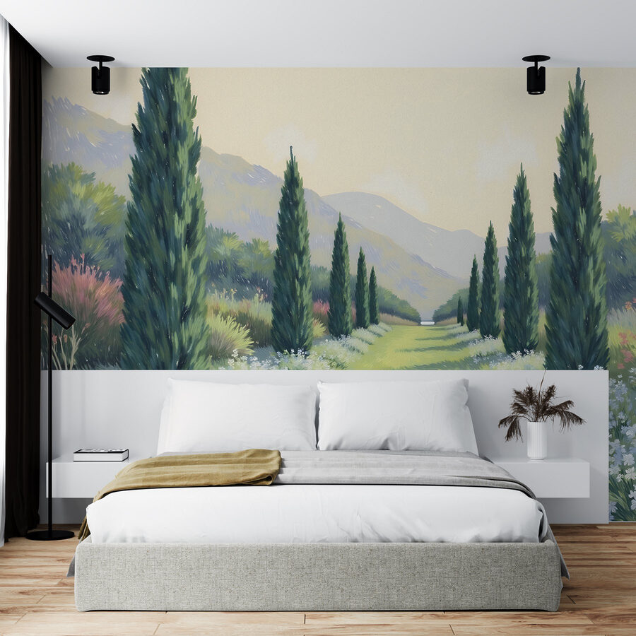 Wall murals Painting of a landscape with trees and flowers