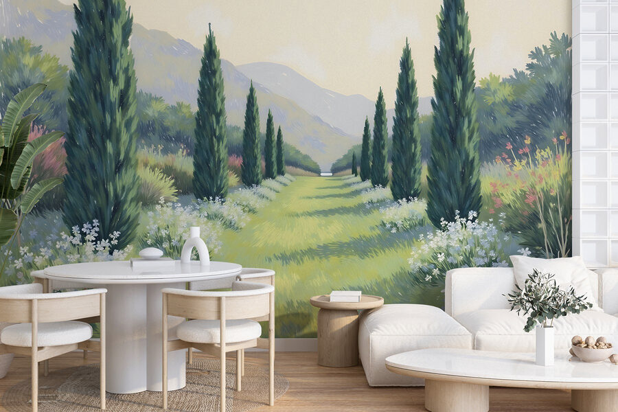 Wall murals Painting of a landscape with trees and flowers - Image 2
