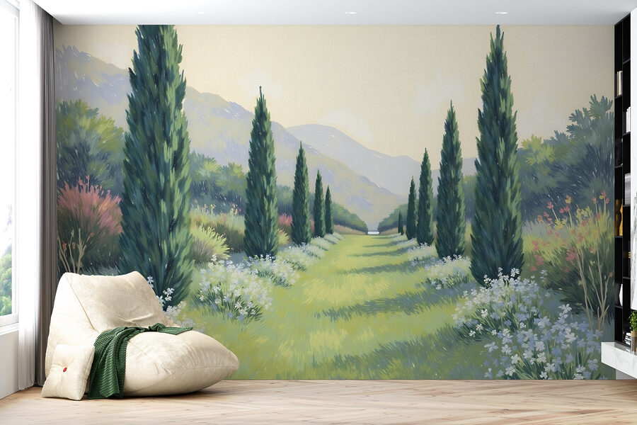 Wall murals Painting of a landscape with trees and flowers - Image 3
