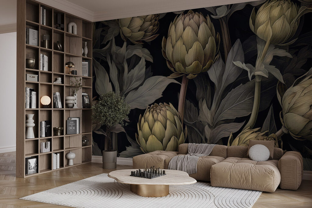 Artichokes and leaves on a black background