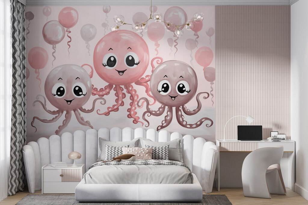 Group of octopuses with balloons