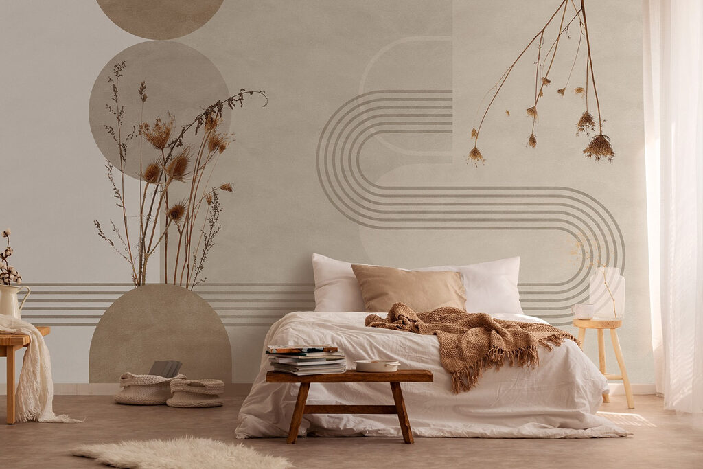 Brown and white background with brown and white circles and plants
