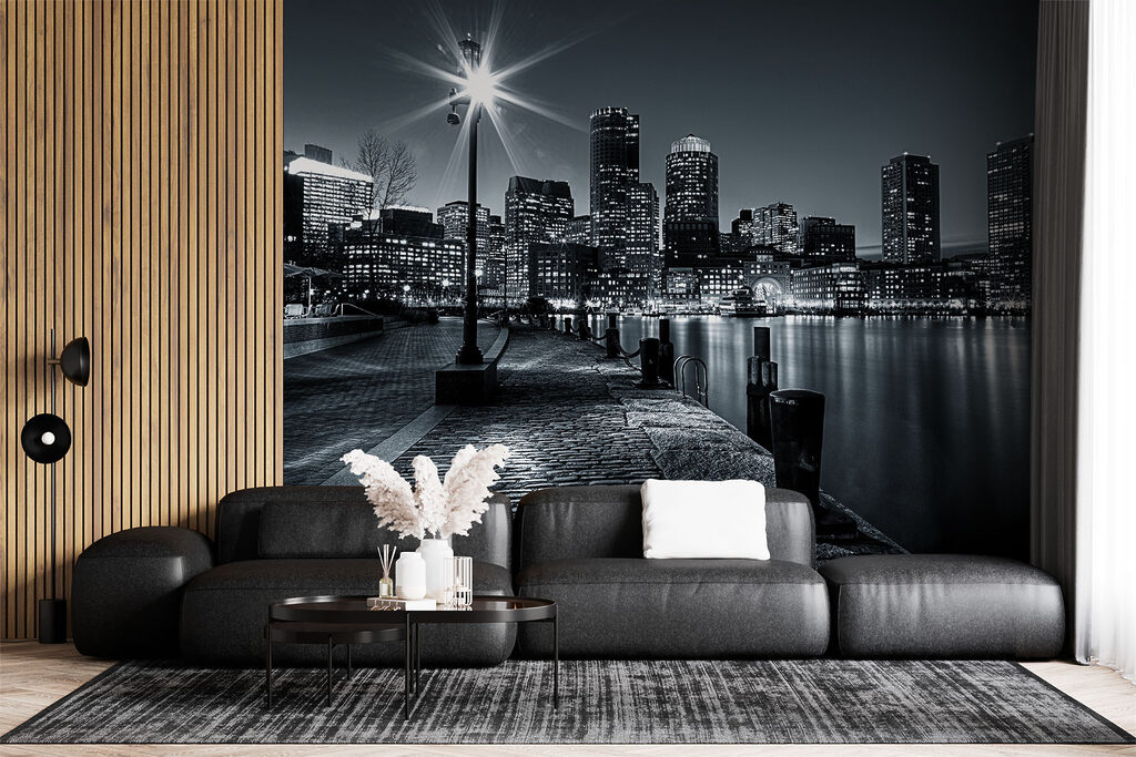 A city skyline with lights on the water A city skyline with lights on the water