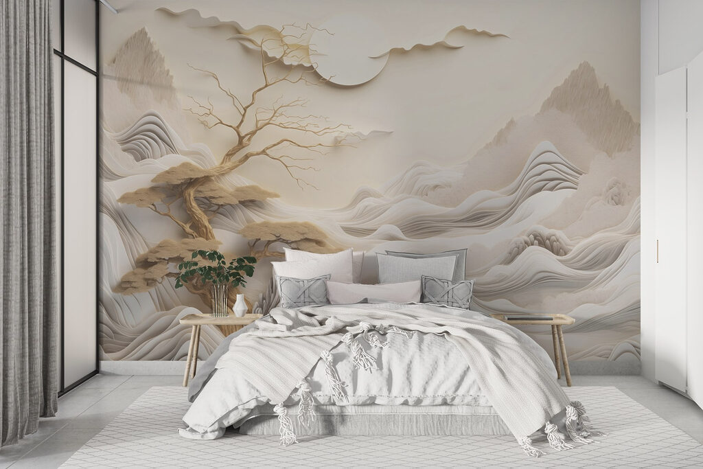 Tree and mountains with clouds and sun