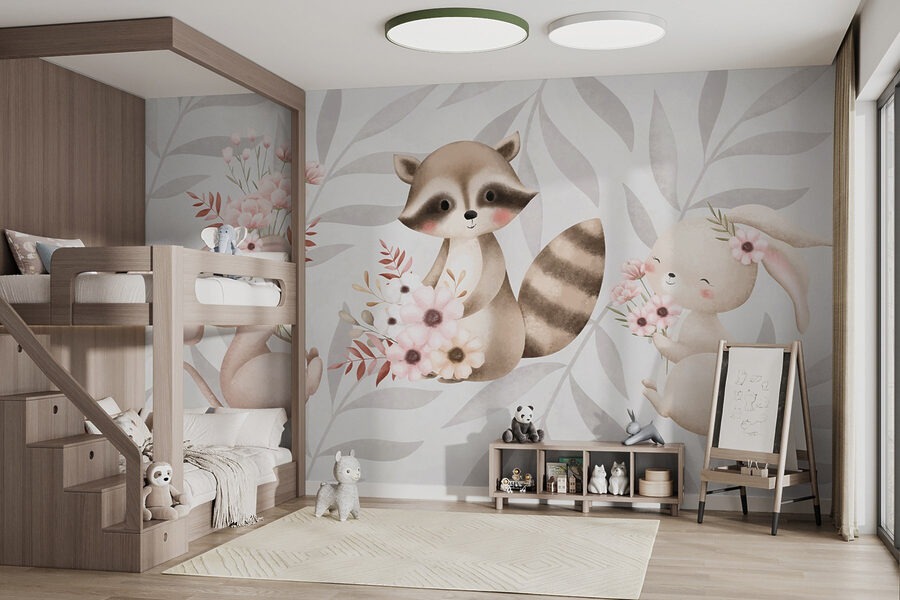 Wall murals Raccoon and rabbit holding flowers