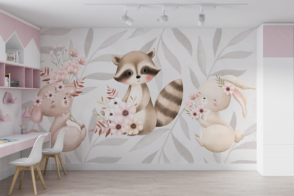 Raccoon and rabbit holding flowers