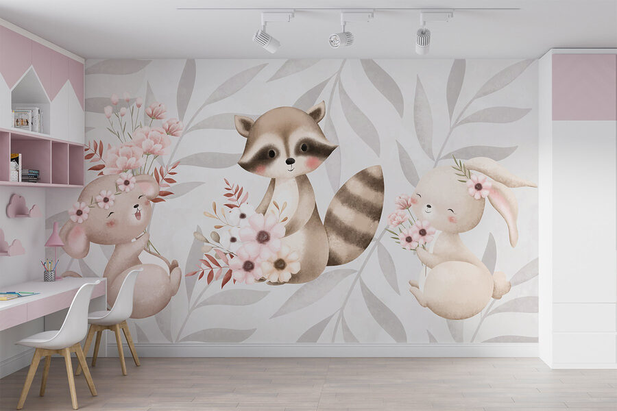 Wall murals Raccoon and rabbit holding flowers - Image 2
