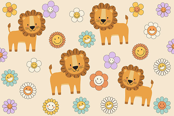Group of cartoon lions and flowers Group of cartoon lions and flowers