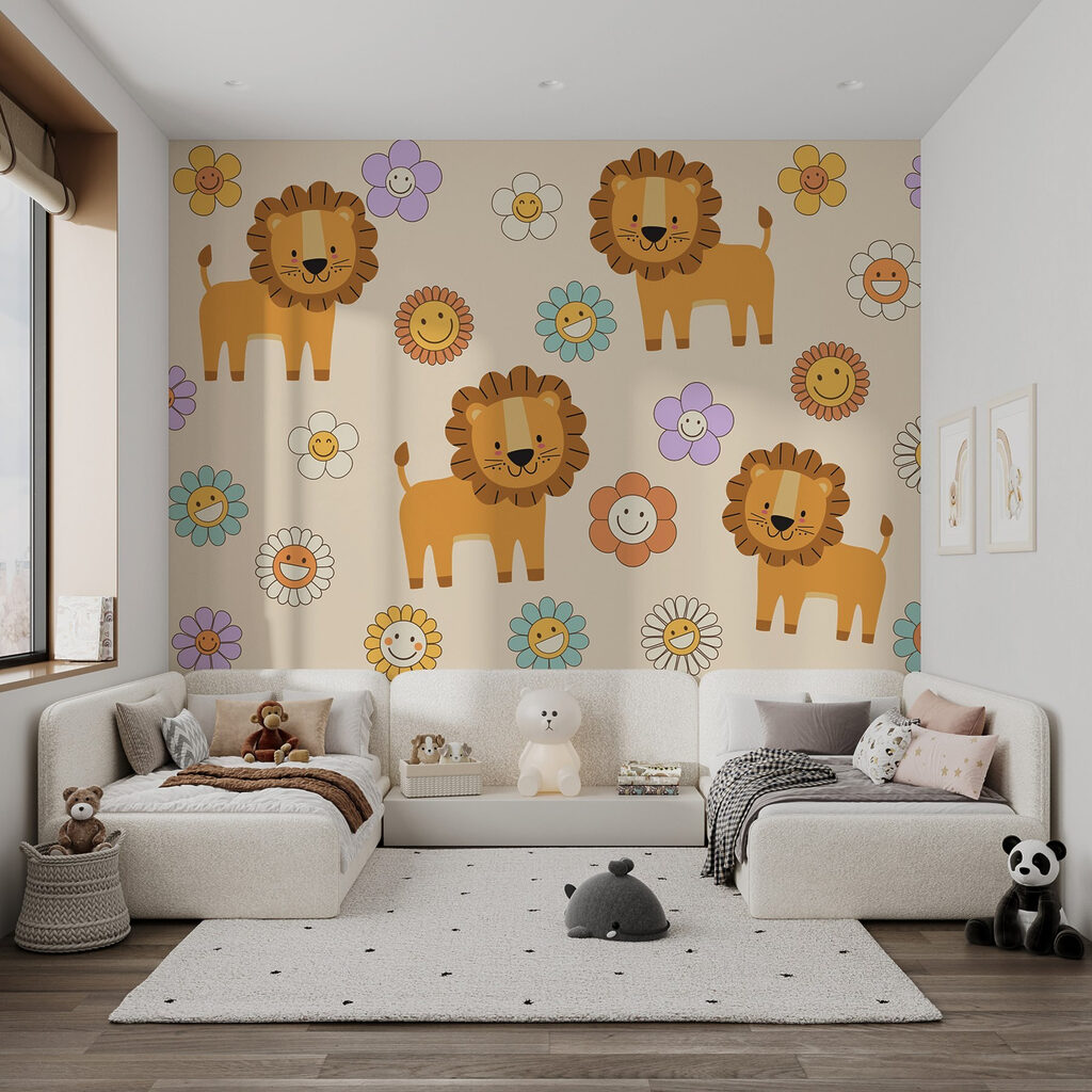 Group of cartoon lions and flowers Group of cartoon lions and flowers