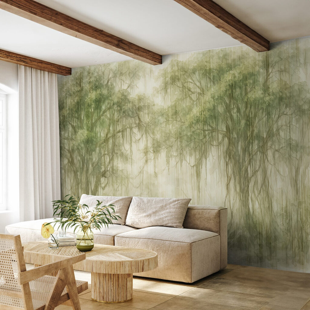 Painting of trees in a foggy forest