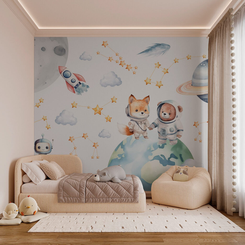 Watercolor cartoon of animals in space