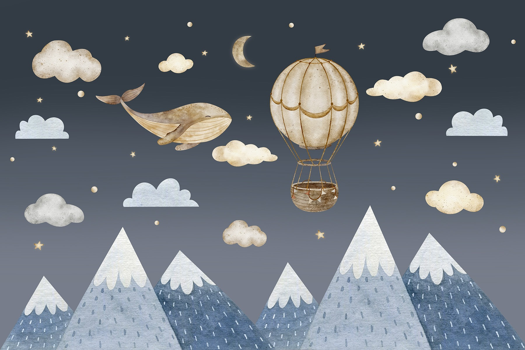 Whale and hot air balloon in the sky