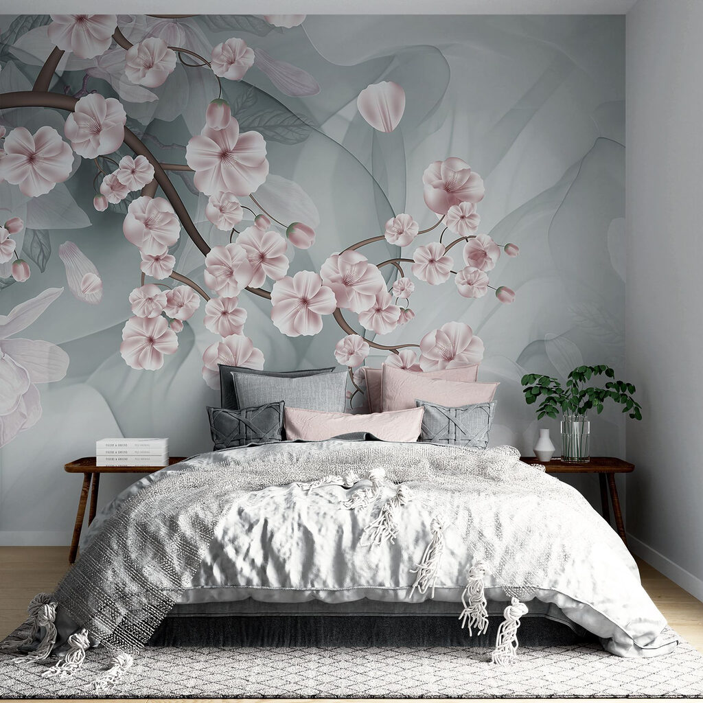 Branch with pink flowers and white flowers