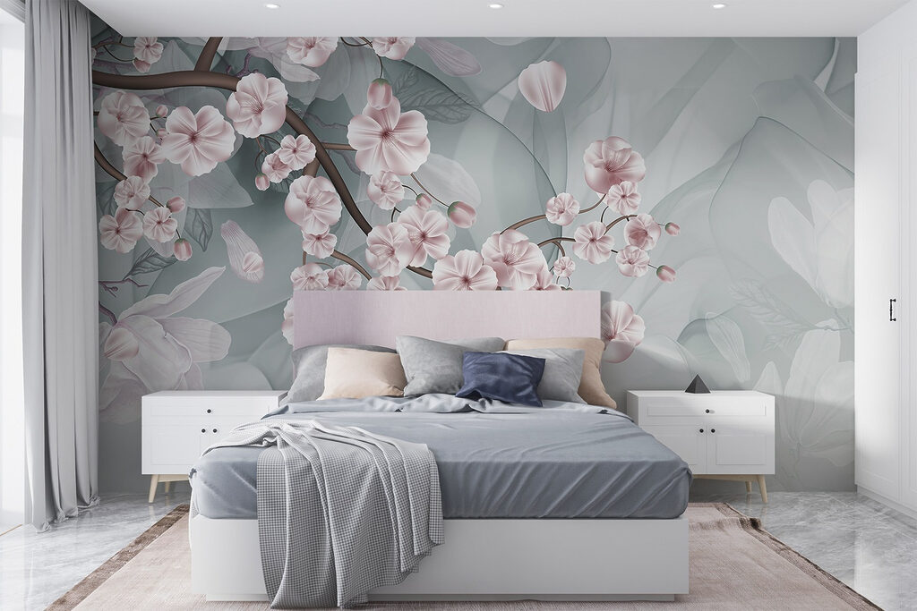 Branch with pink flowers and white flowers