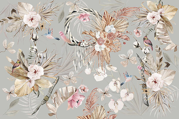 Wallpaper with flowers and feathers