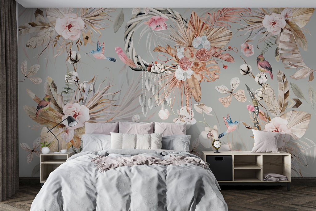 Wallpaper with flowers and feathers