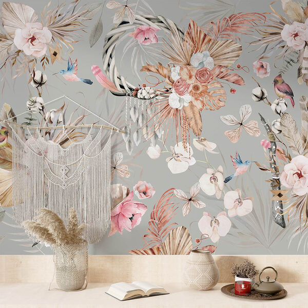 Wallpaper with flowers and feathers