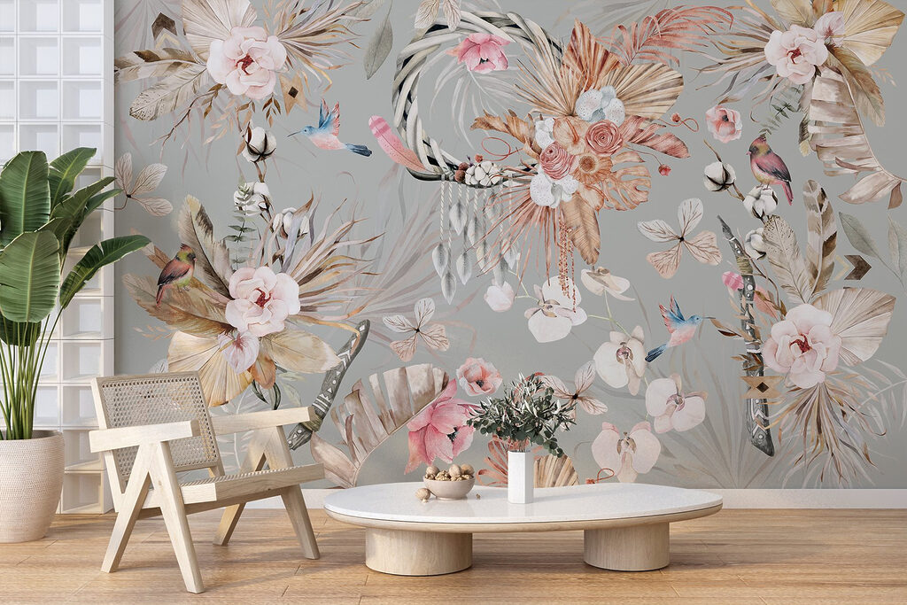 Wallpaper with flowers and feathers