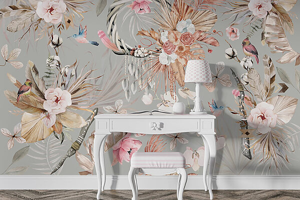 Wallpaper with flowers and feathers