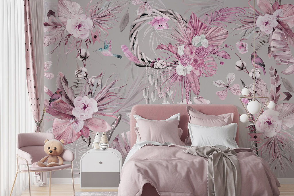 Wallpaper with flowers and feathers Wallpaper with flowers and feathers