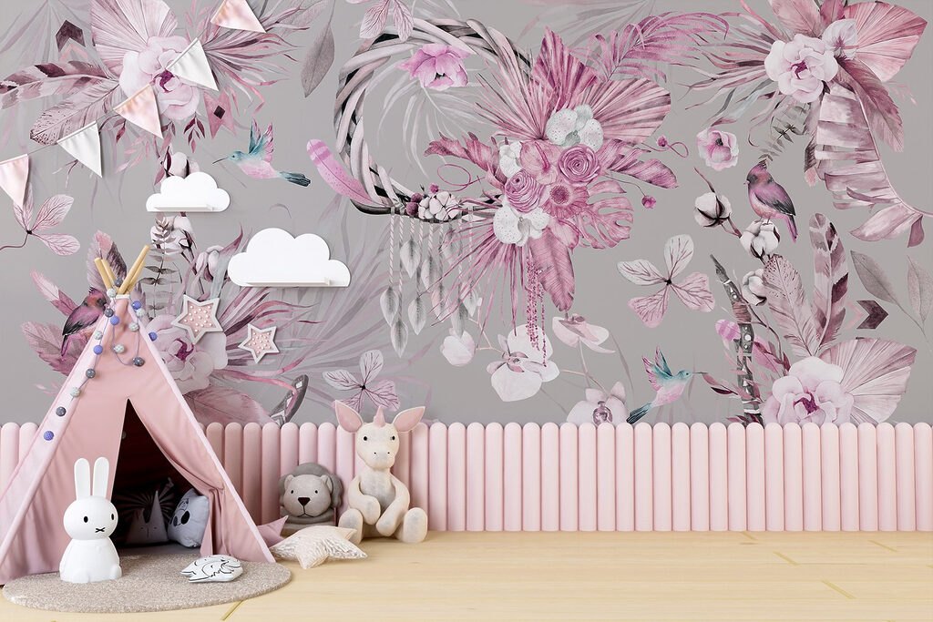 Wallpaper with flowers and feathers Wallpaper with flowers and feathers
