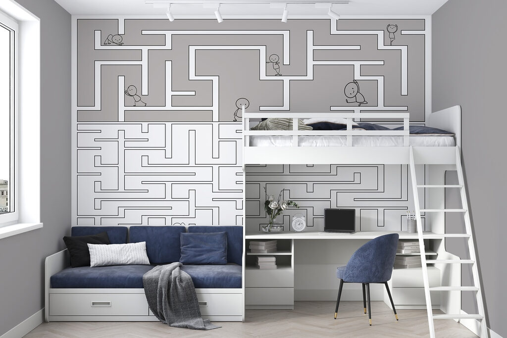 Maze game with cartoon people walking on the ground