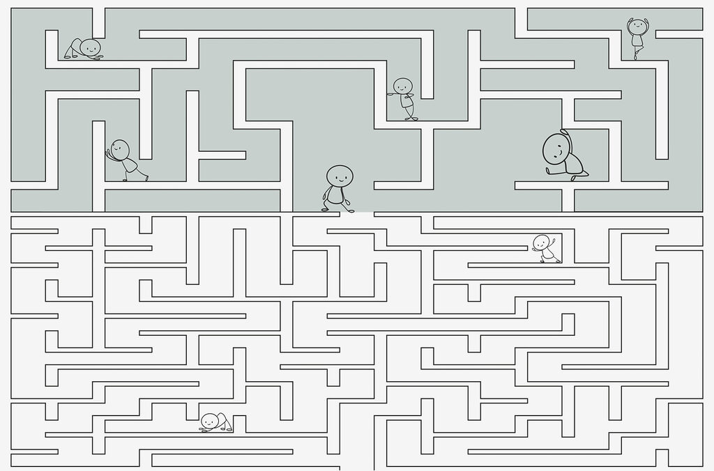 Maze with people walking through the maze Maze with people walking through the maze