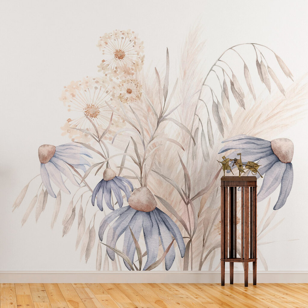 Watercolor painting of flowers and plants