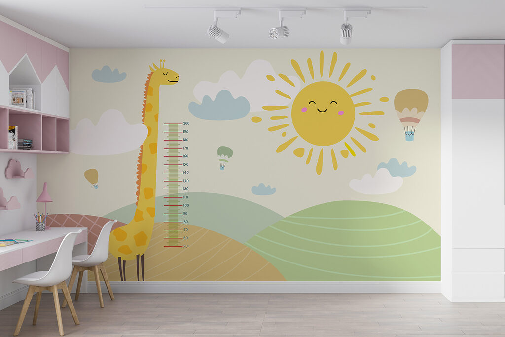 A giraffe standing in a field with a sun and clouds