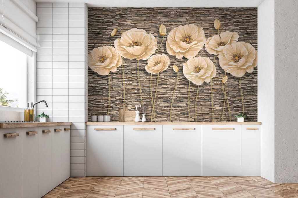 Group of flowers on a brick wall Group of flowers on a brick wall