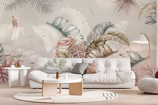 Tropical foliage with delicate birds Tropical foliage with delicate birds
