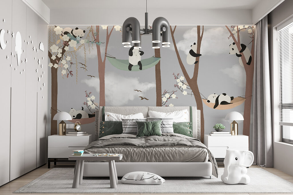 Pandas in hammocks in trees
