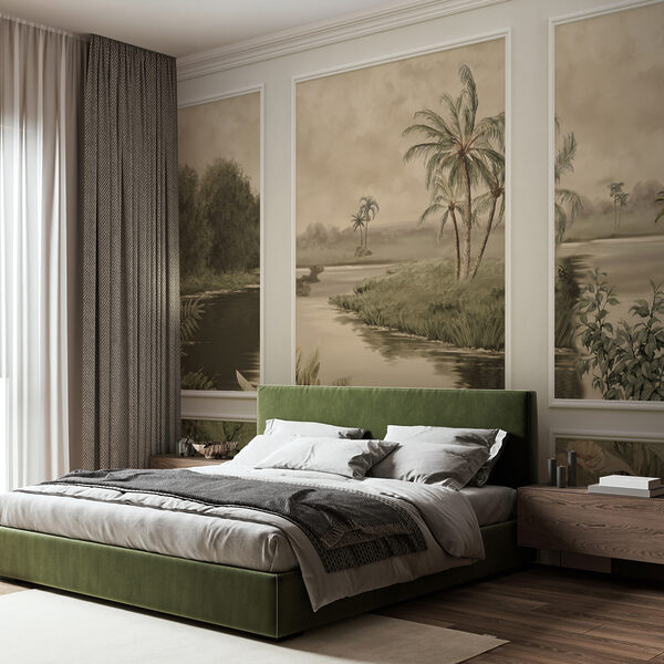 A wall with a painting of trees and a river A wall with a painting of trees and a river