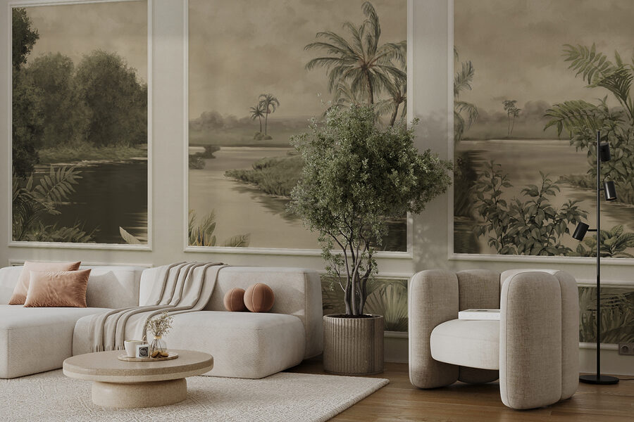Wall murals A wall with a painting of trees and a river - Image 6