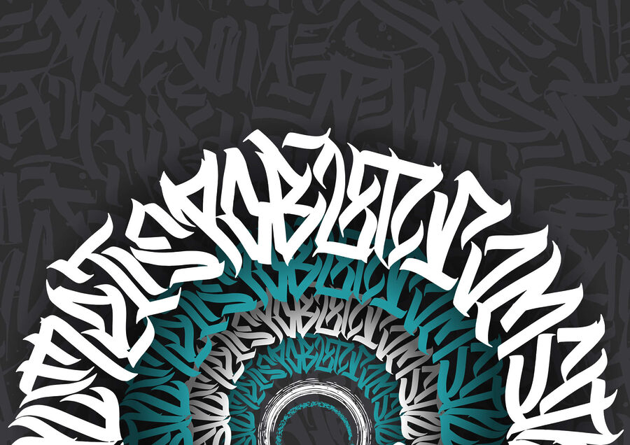 White and blue graffiti on a black background