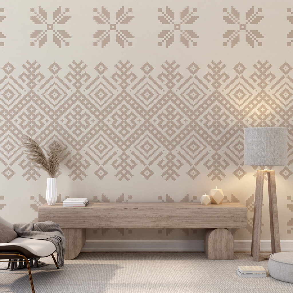 Pattern of geometric shapes and flowers