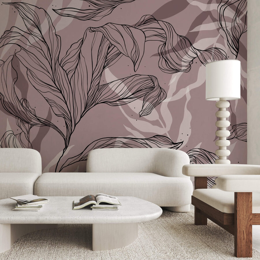 Wall murals Drawing of leaves on a pink background