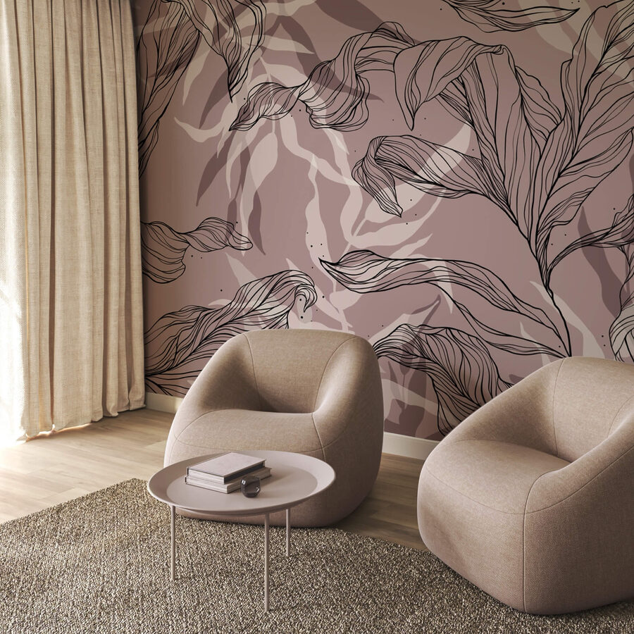 Wall murals Drawing of leaves on a pink background - Image 2