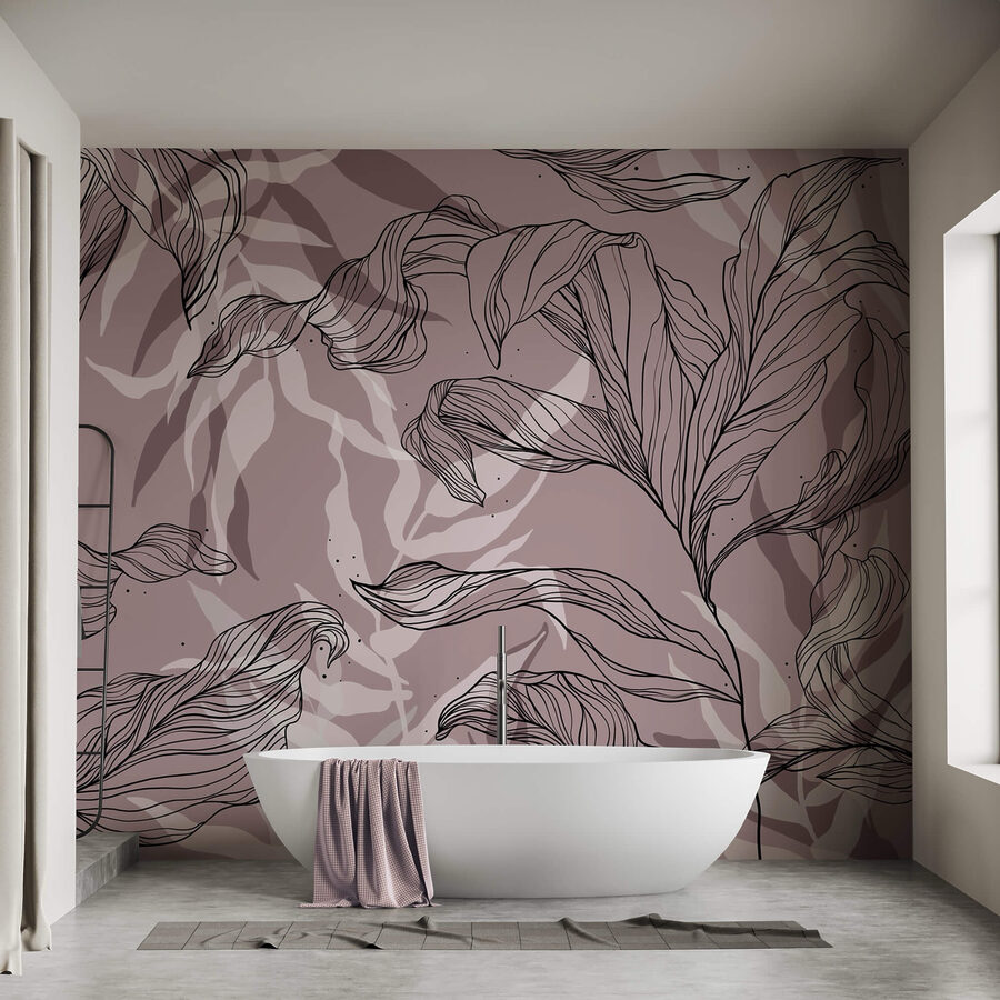 Wall murals Drawing of leaves on a pink background - Image 3