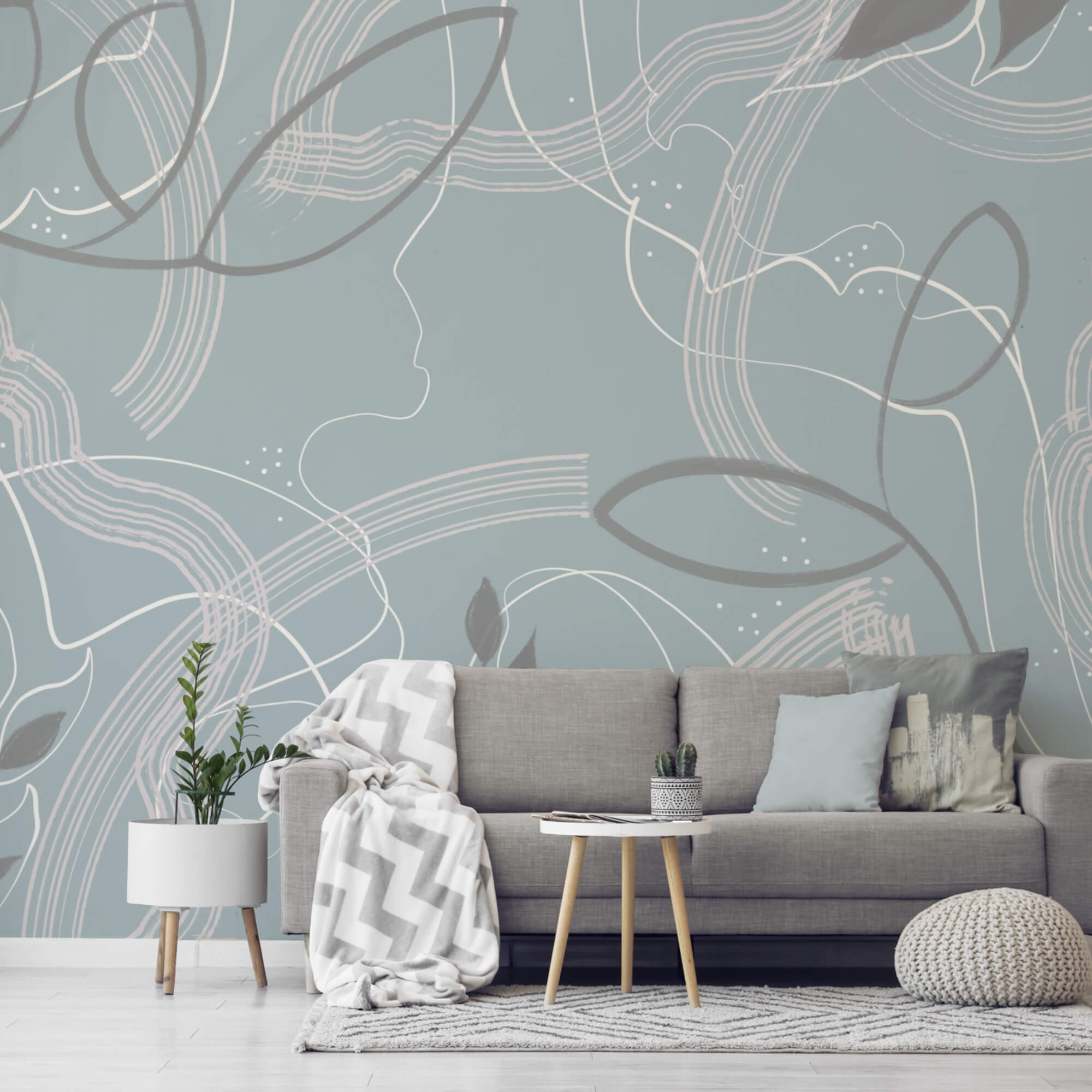 Blue and white background with leaves and lines