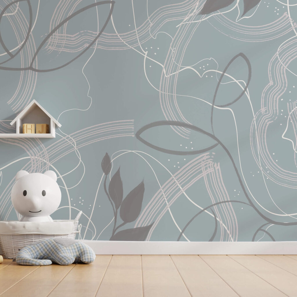 Blue and white background with leaves and lines