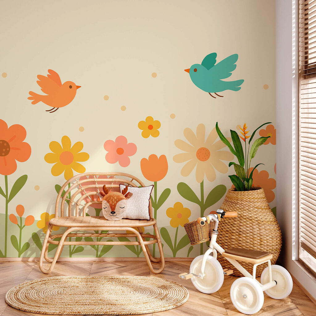 Birds flying over flowers Birds flying over flowers