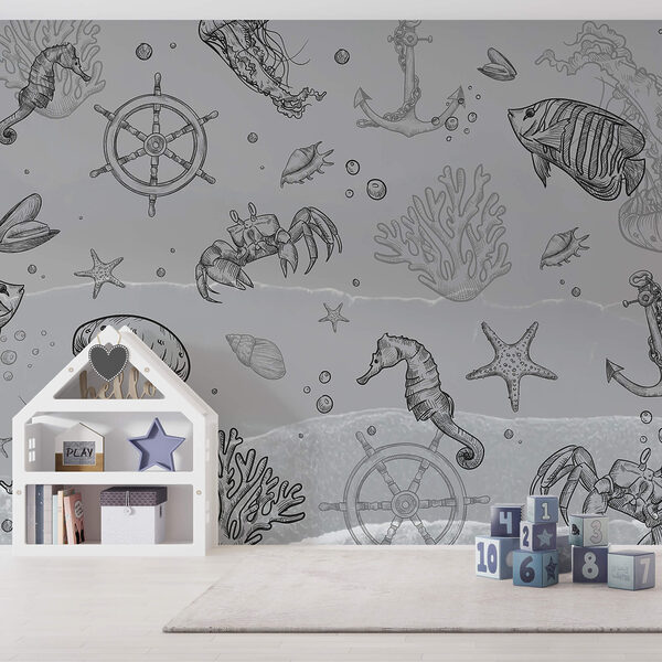 Grey background with sea creatures Wall murals Grey background with sea creatures