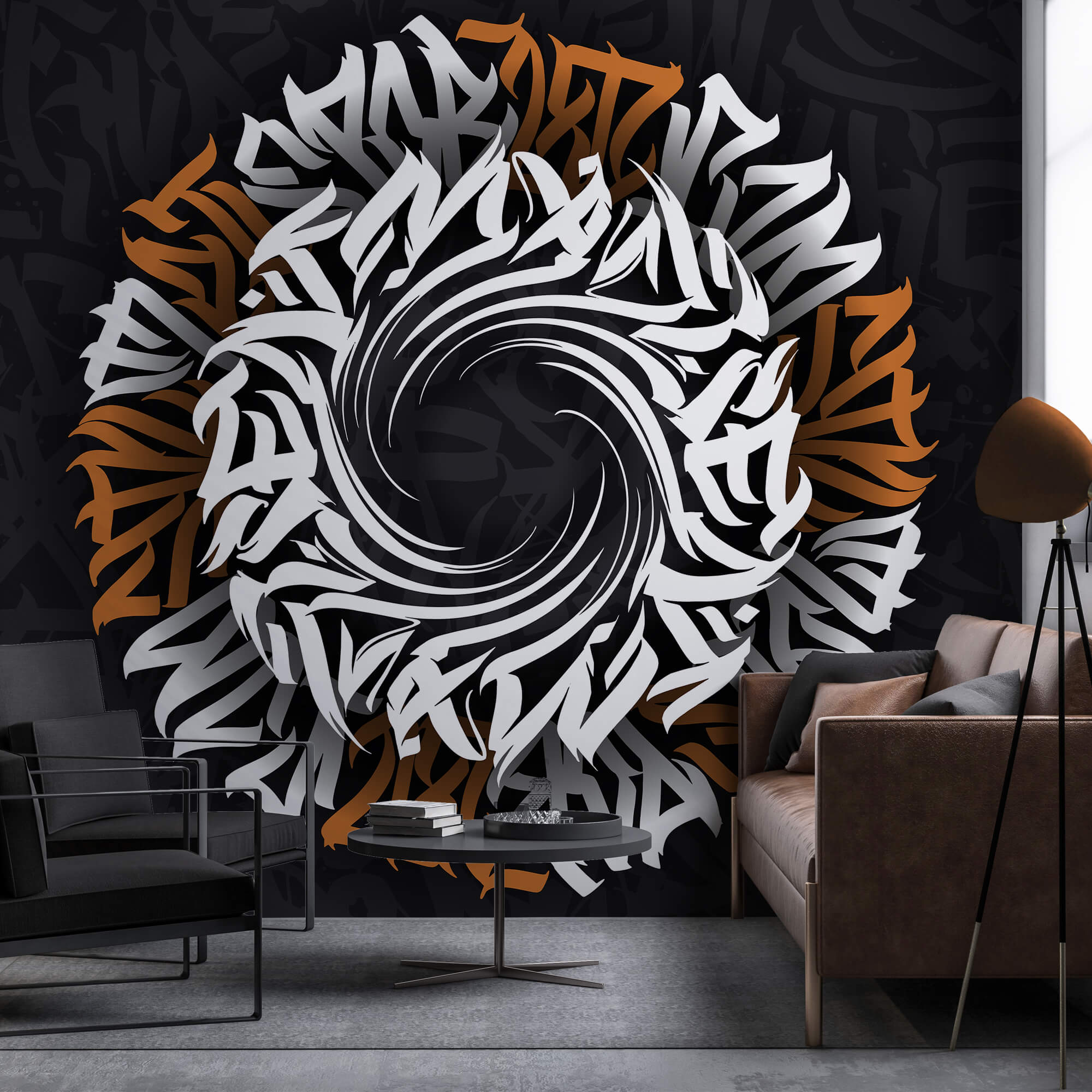 Circular pattern with white and orange letters Circular pattern with white and orange letters