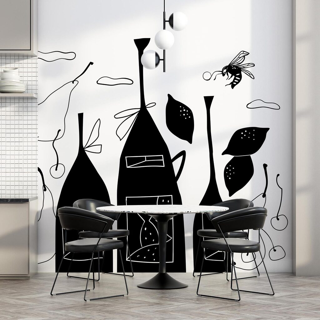 Black and white drawing of bottles