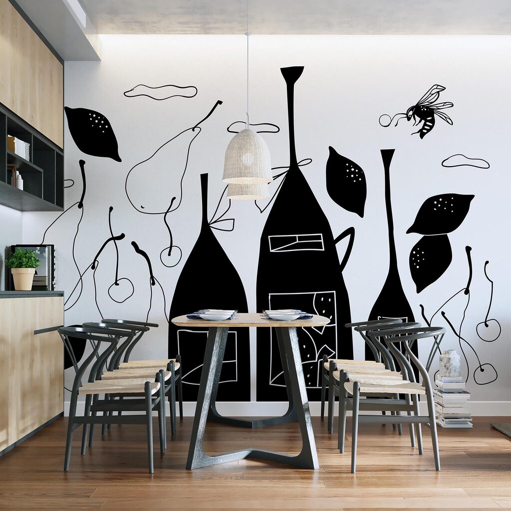 Black and white drawing of bottles