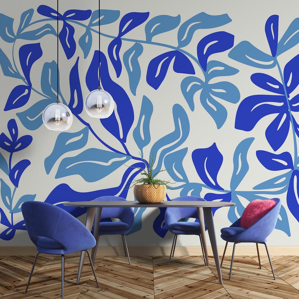 Blue and white drawing of leaves